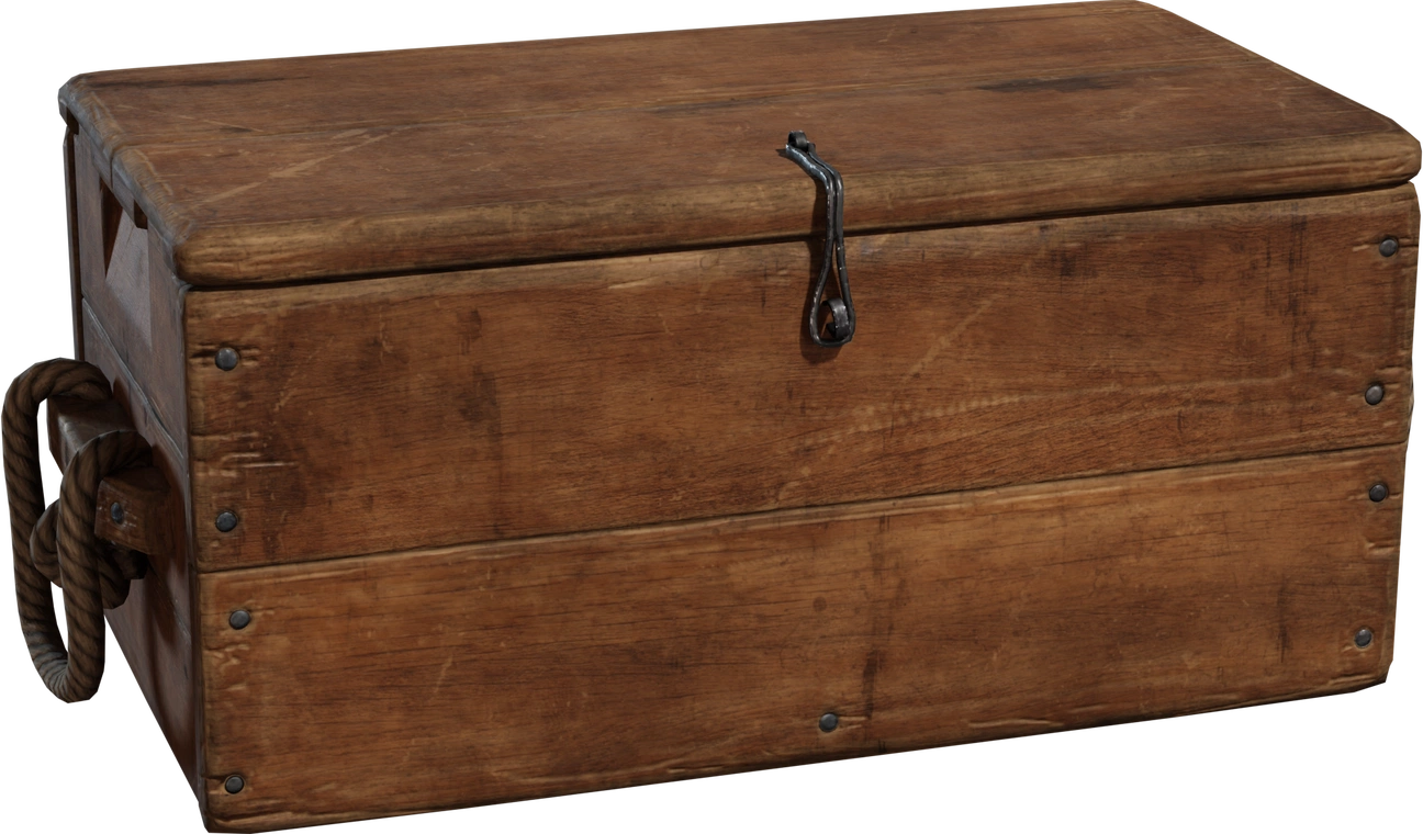 Free 8K model of a vintage wooden crate - weathered colonial chest with rope handles, metal rivets and latch; ideal as maritime, farmhouse or prop container.