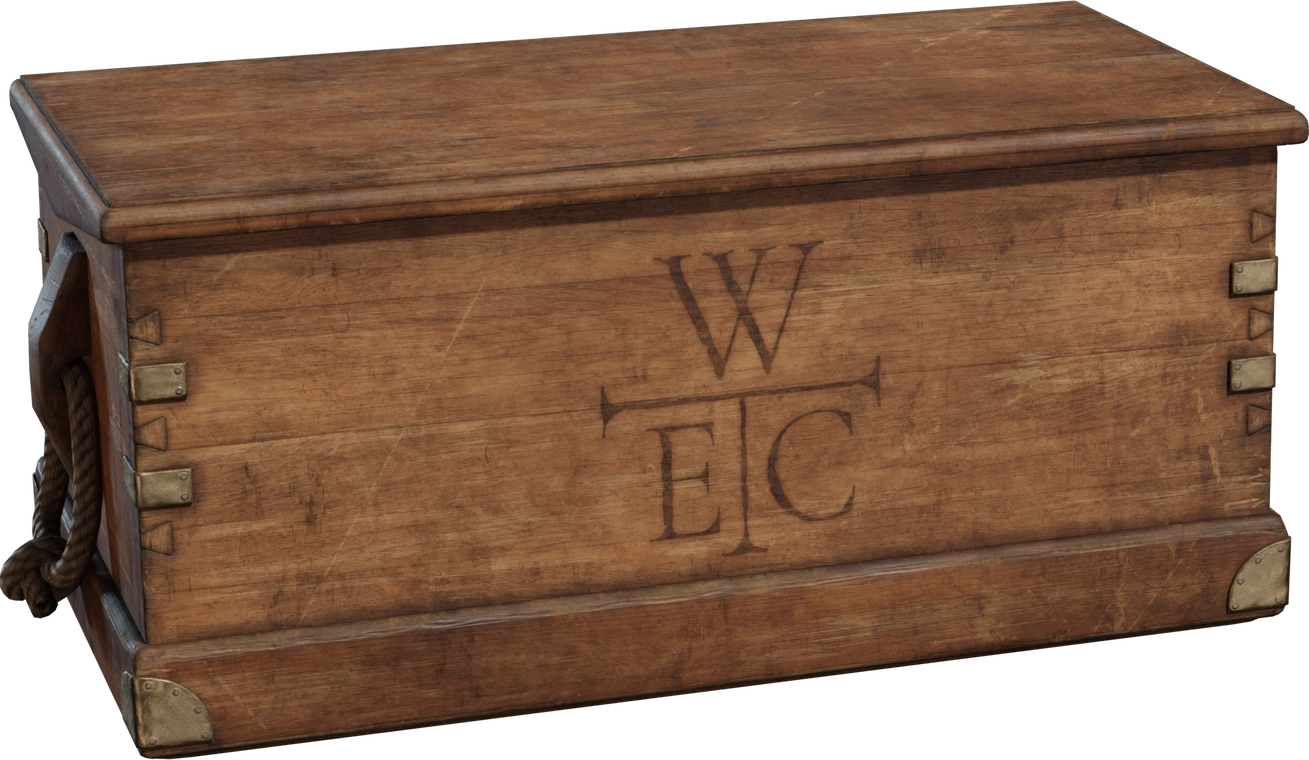 Free 8K model of a vintage wooden crate with worn planks, dovetail joins, brass corner plates and rope handles - ideal for maritime, colonial or farmhouse props.