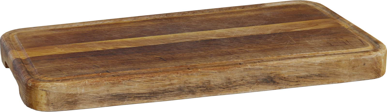 Free 8K wooden cutting board model: thick, worn hardwood planks with scratched surface, juice groove, rounded edges and realistic weathered patina.