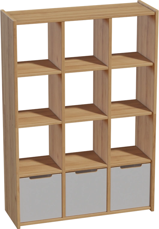 Free 8K model - modern pine display shelf with nine square cubbies and three lower bins; clean, minimalist bookshelf for home or retail displays.