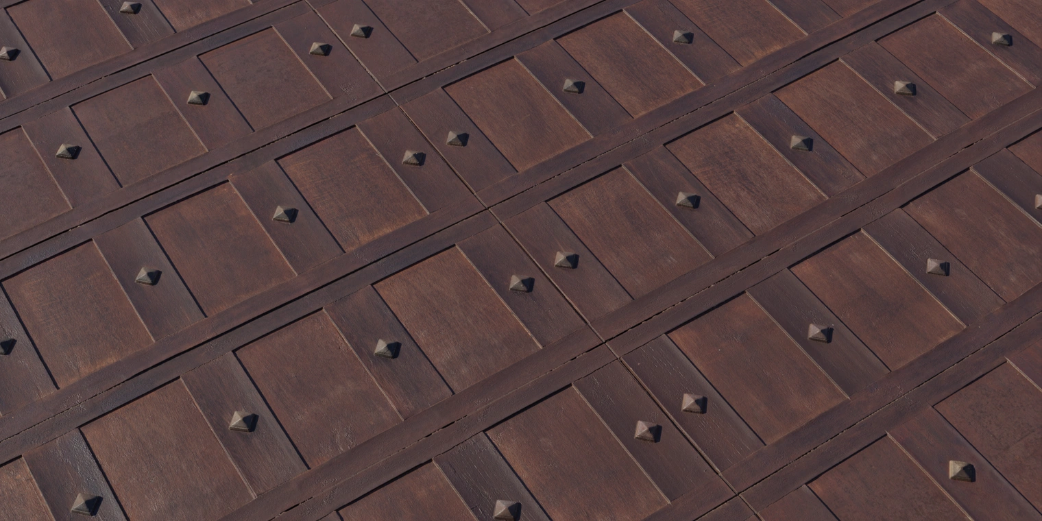 Free 8K wooden garage door texture, dark stained weathered panels with pronounced wood grain, surface scratches, discoloration, worn edges and aged, pyramidal metal studs.
