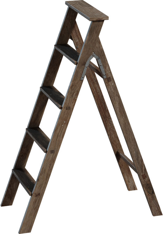Free 4K wooden step ladder model with an A-frame design, worn planks, top platform, metal braces, and realistic scuffs, grain, and hardware.