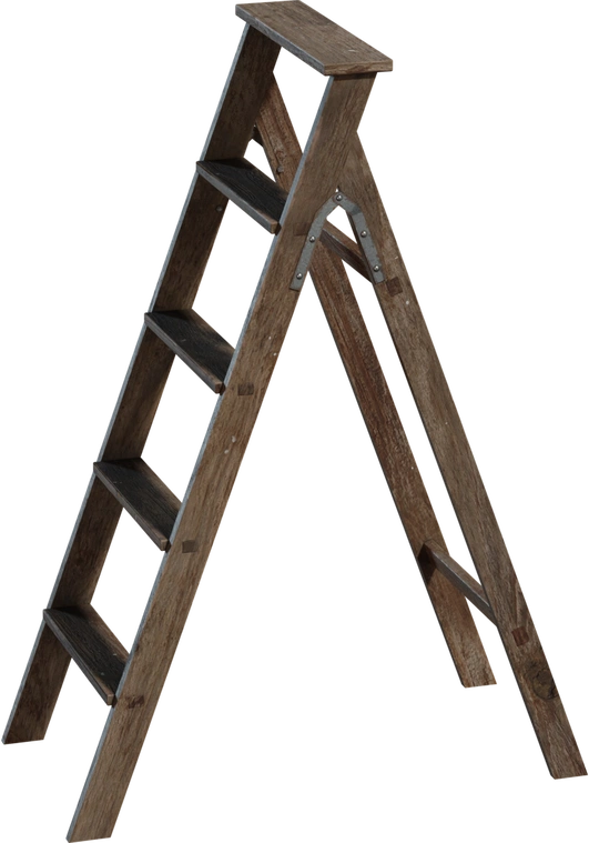 Free 4K wooden step ladder model with an A-frame design, worn planks, top platform, metal braces, and realistic scuffs, grain, and hardware.