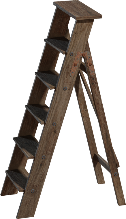Free 8K model of a worn wooden step ladder with weathered grain, rusted hinges, and detailed screws, featuring an A-frame and scuffed wide steps.