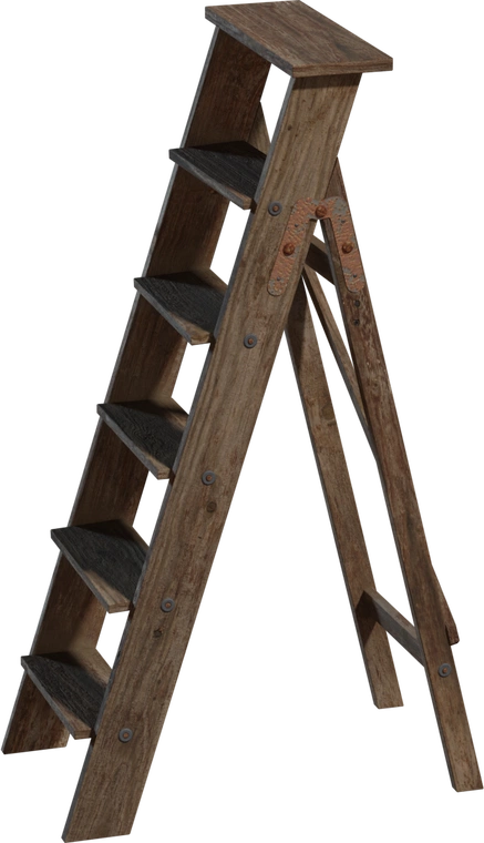 Free 8K model of a worn wooden step ladder with weathered grain, rusted hinges, and detailed screws, featuring an A-frame and scuffed wide steps.