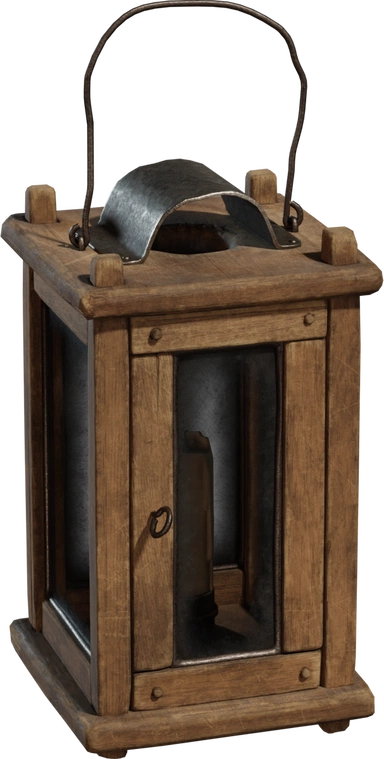 Free 8K wooden lantern model - worn colonial/maritime farmhouse style with glass panels, metal top and handle; candle prop. Vintage farmhouse/colonial maritime prop from the Smugglers Cove collection.
