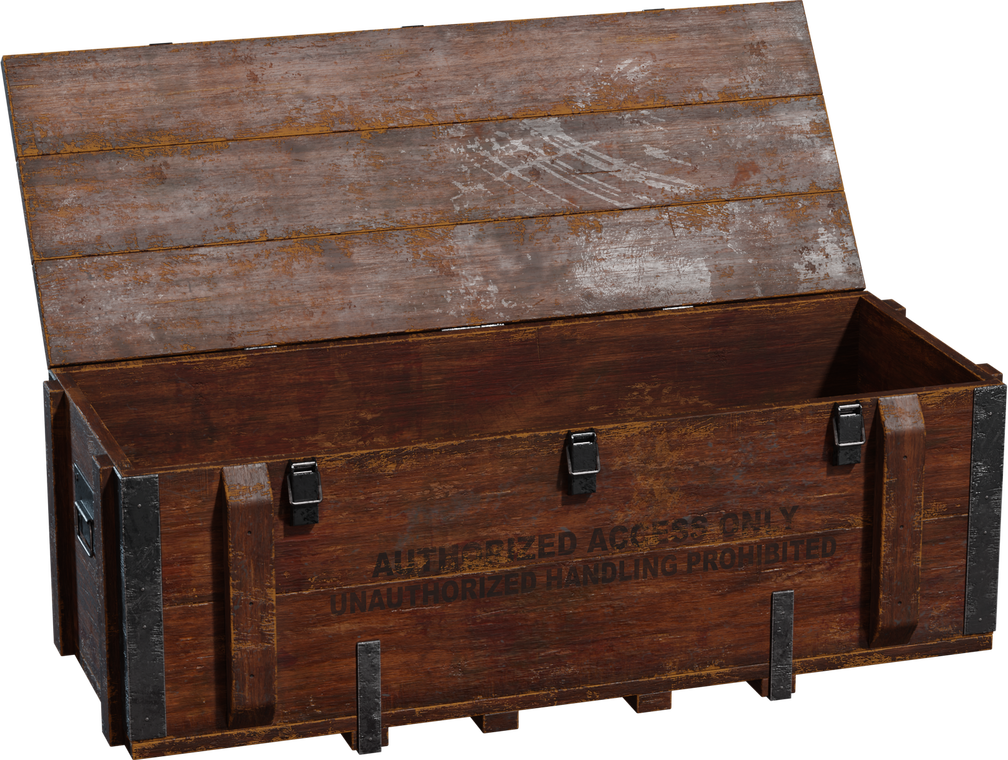 Free 4K model of a rugged wooden military crate with hinged lid, metal straps and latches, side handles, and stenciled, weathered paint and scratches.
