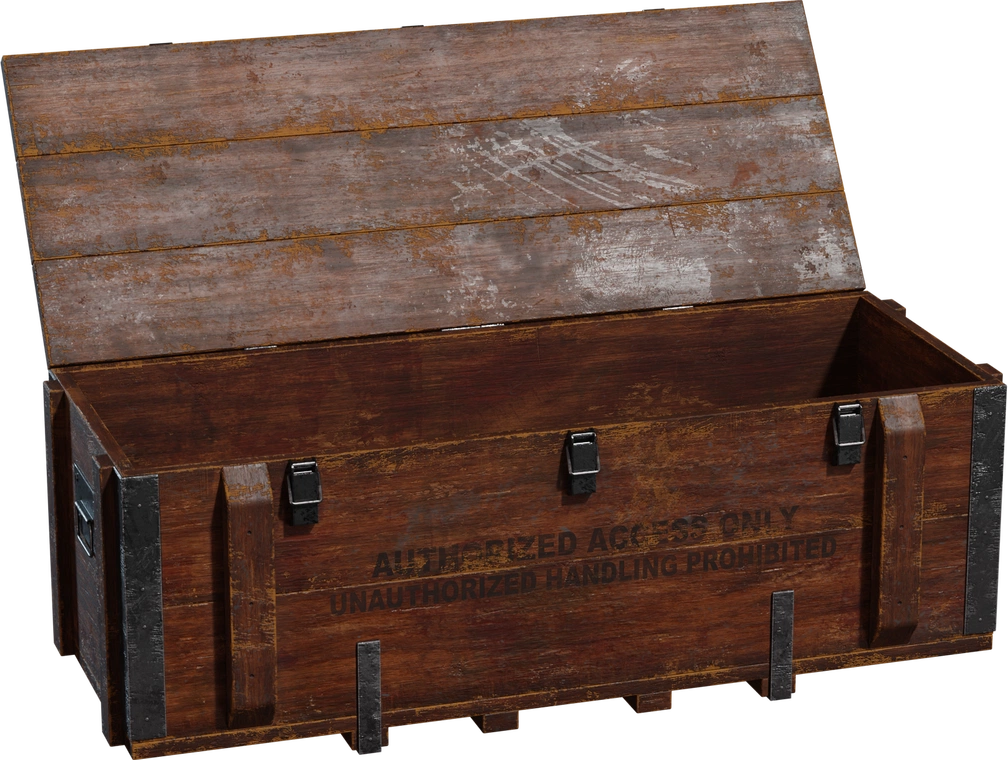 Free 4K model of a rugged wooden military crate with hinged lid, metal straps and latches, side handles, and stenciled, weathered paint and scratches.