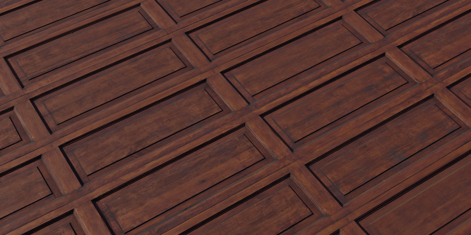 Free 8K texture of dark varnished wooden panels with framed recessed boards, rich grain, subtle lacquer sheen, gentle wear and rougher edges.