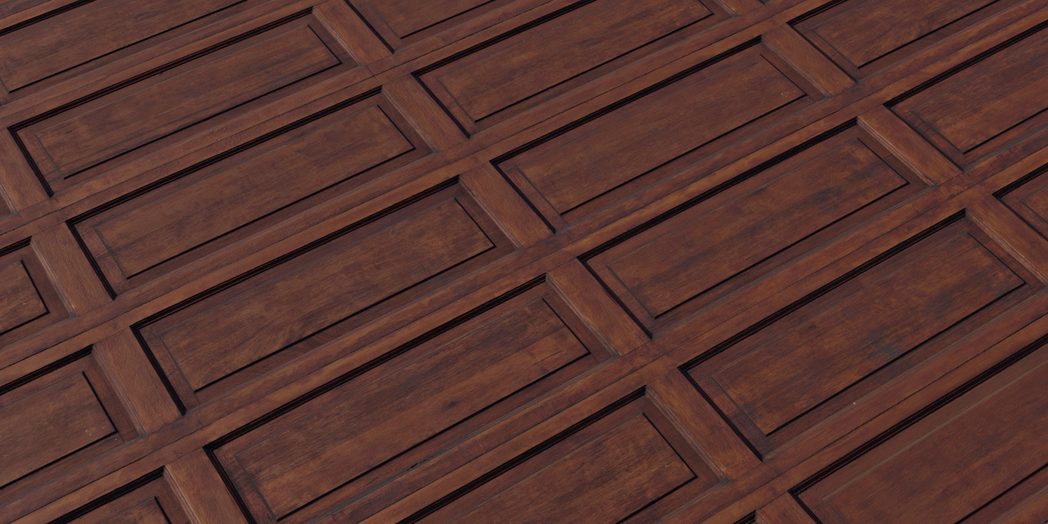 Free 8K texture of dark varnished wooden panels with framed recessed boards, rich grain, subtle lacquer sheen, gentle wear and rougher edges.