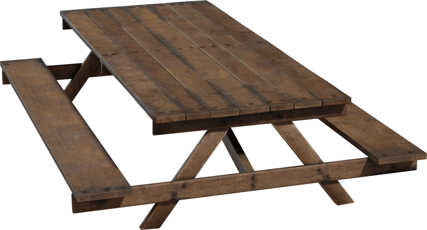 Free 4K model of a weathered wooden picnic table with attached benches, vintage worn planks, visible nail heads and rustic countryside patina.
