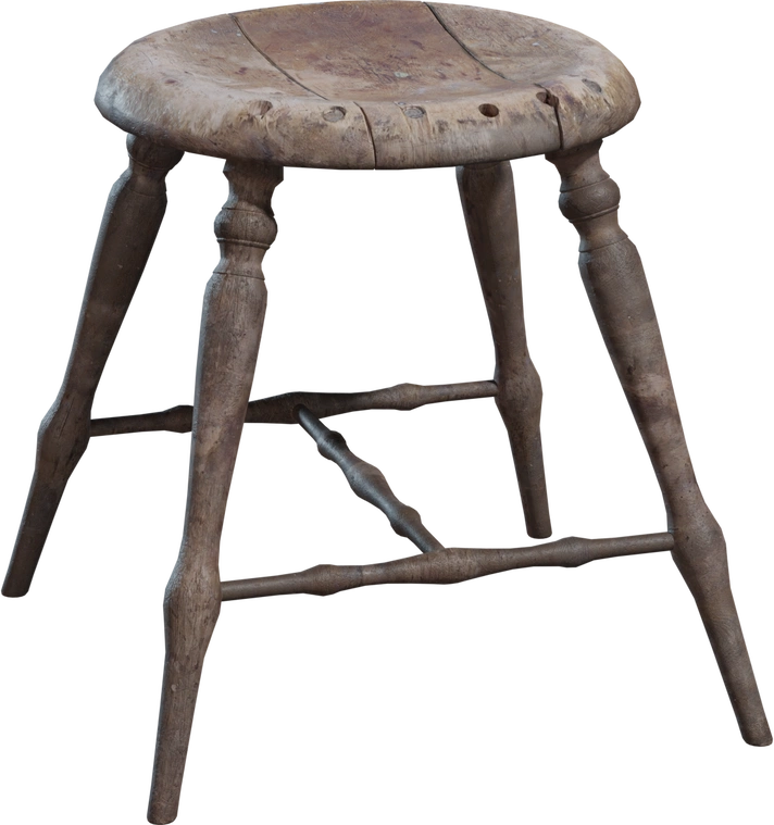 Free 8K model of an old, worn wooden stool with a cracked round seat, turned legs and weathered grain, dusty finish and workshop-aged patina.
