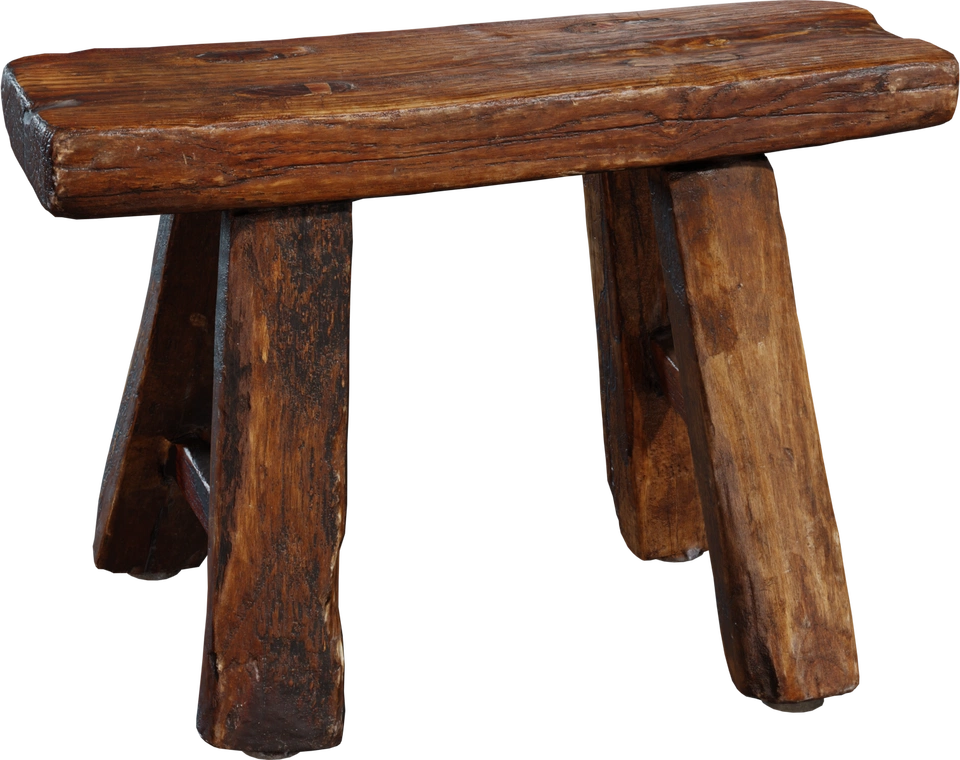 Free 8K model - antique handcrafted wooden footstool with worn patina, rugged timber legs, visible tool marks and rustic farmhouse character.