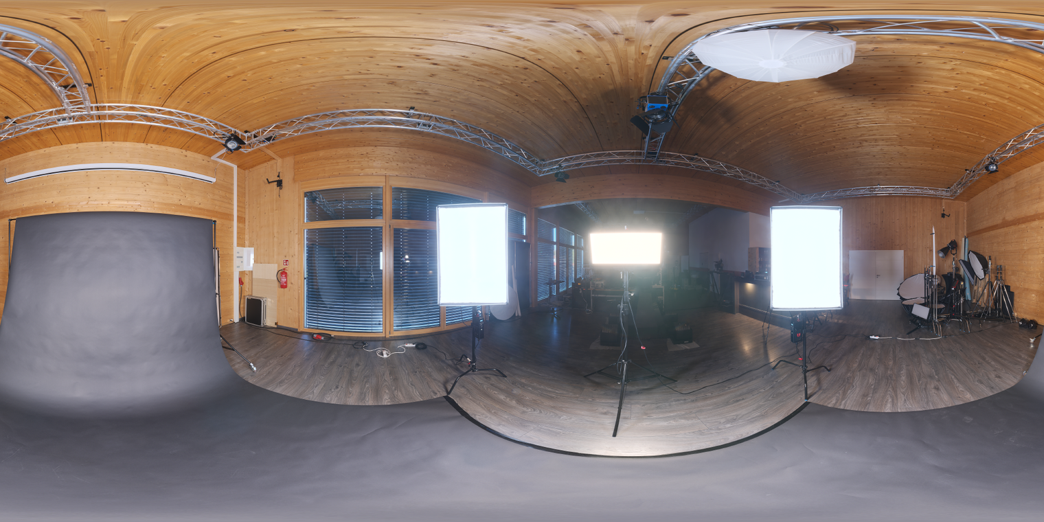 Free 24K unclipped HDRI - wooden studio with warm ceiling and rectangular softboxes. Indoor studio lights, mid contrast; ideal for product & portrait renders.