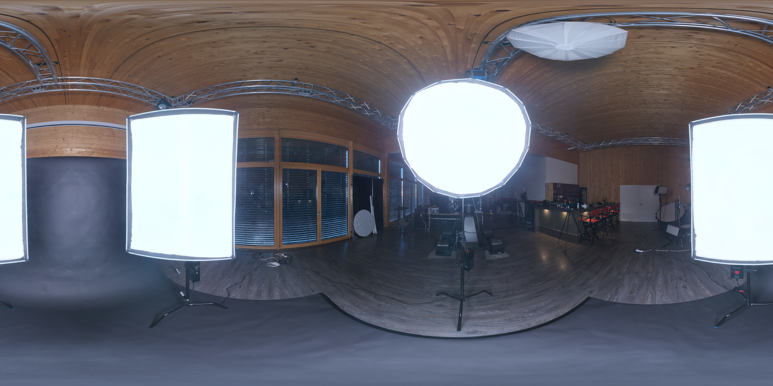Free 21K unclipped HDRI - wooden-ceiling studio with large softboxes and umbrella lamp; mid-contrast artificial lighting ideal for portraits, product renders.