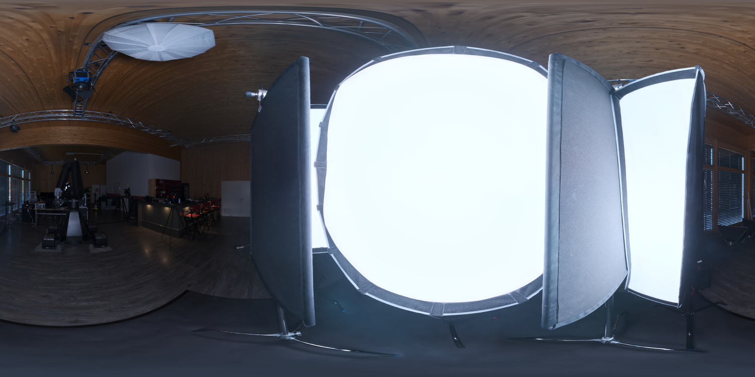 Free 24K HDRI, unclipped, soft low-contrast indoor studio with wooden ceiling, large softboxes and black floor; ideal for product, portrait and motion graphics renders.