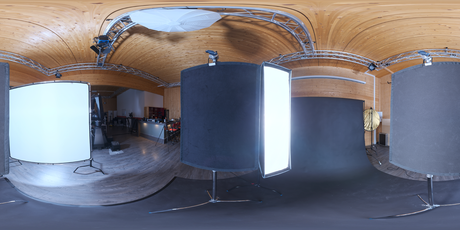 Free 24K unclipped HDRI of a wooden-ceiling studio with softbox and lamp lighting, indoor artificial, medium-contrast, ideal for portraits & product renders.