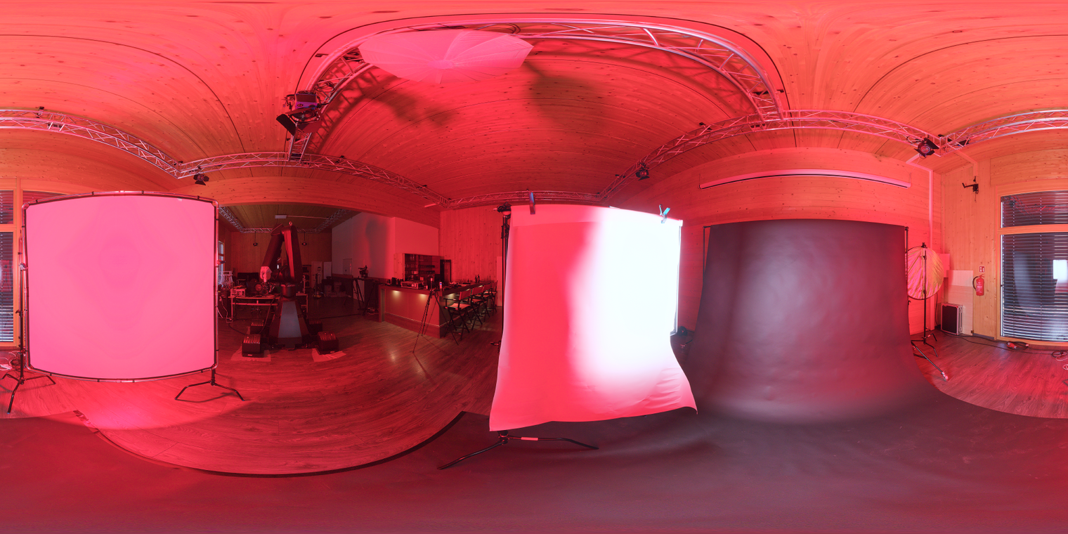 Free unclipped 24K HDRI, warm red studio lighting with wooden ceiling and black floor; high-contrast artificial light for portraits & products.