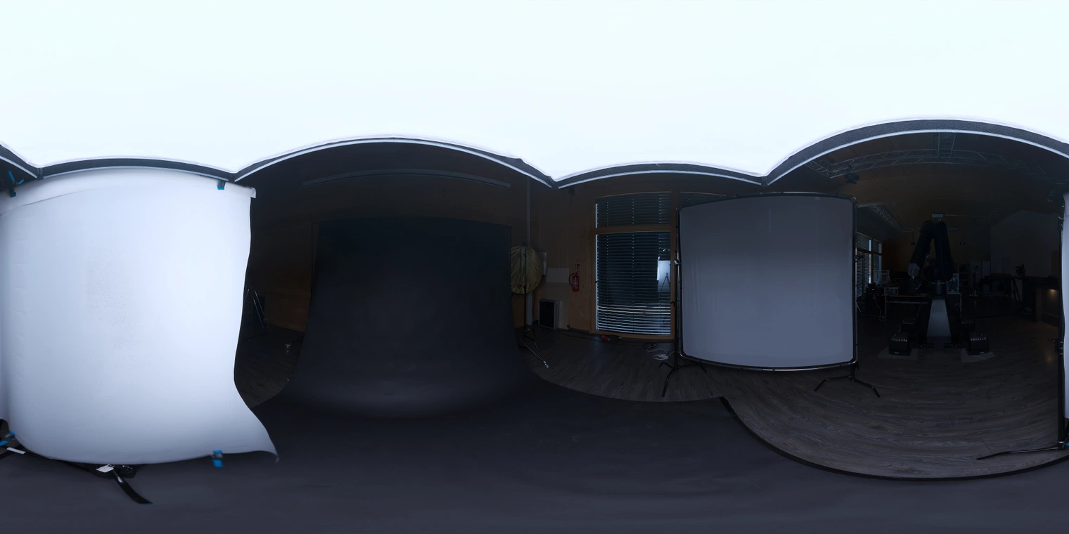 Free 24K HDRI, unclipped - wooden indoor studio with rectangular soft lamps, warm ceiling and dark floor; medium-high contrast, ideal for product shots.