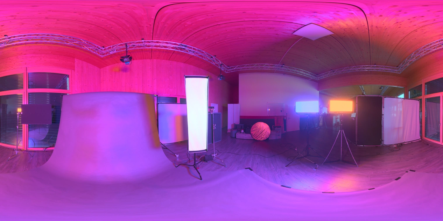 Free, unclipped 23K HDRI: studio with black floor, wooden ceiling, colorful LEDs & softbox - high-contrast studio lighting for product & cinematic renders.