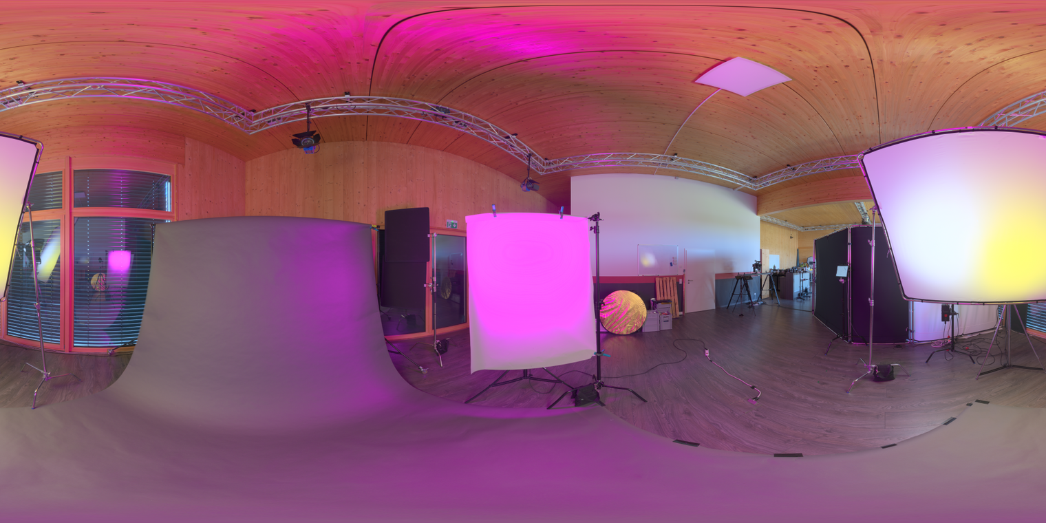 Free 24K unclipped HDRI - wooden studio with pink/yellow diffused lamps, black floor and medium-contrast artificial light; ideal for product, portrait, lookdev.