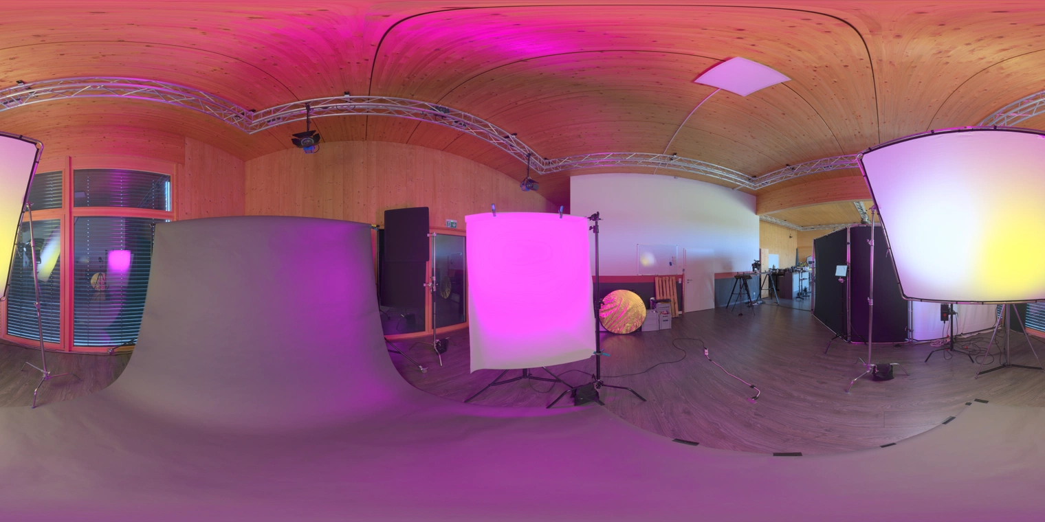 Free 24K unclipped HDRI - wooden studio with pink/yellow diffused lamps, black floor and medium-contrast artificial light; ideal for product, portrait, lookdev.