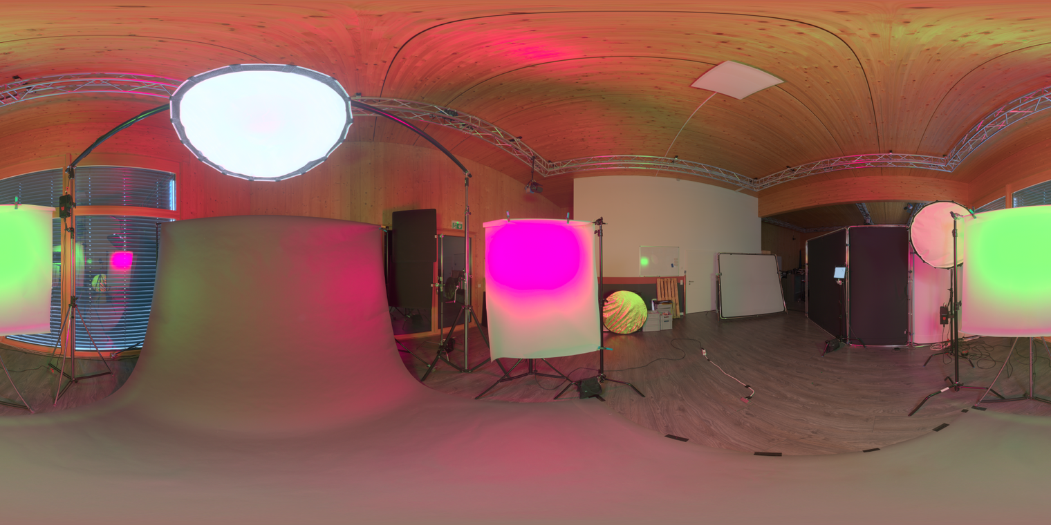 Free 24K unclipped HDRI, wooden-ceiling studio with pink/green gels, umbrella diffusers and high-contrast artificial light; great for product & portrait renders.
