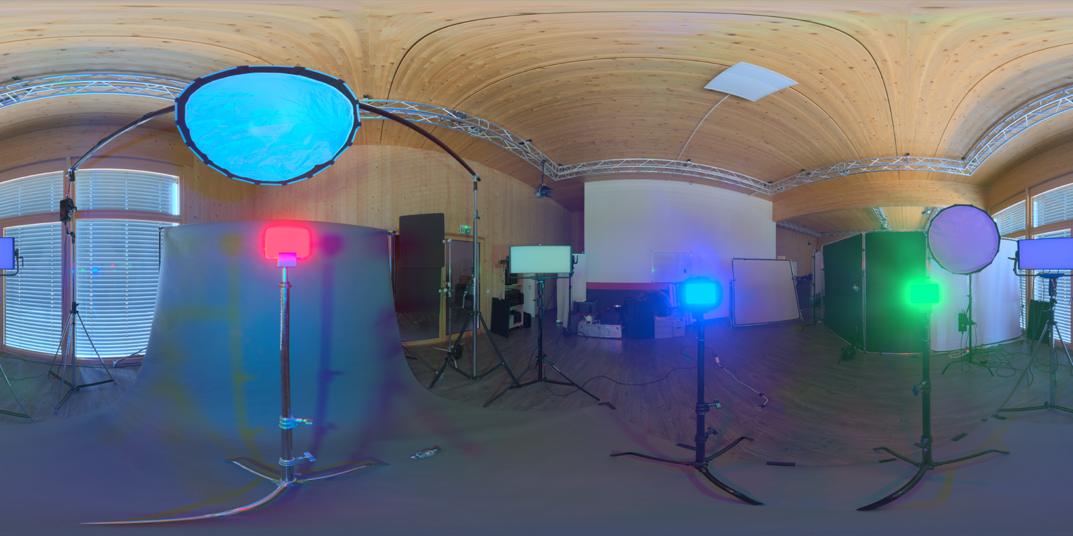 Free 24K unclipped HDRI: wooden studio with black floor and RGB LEDs. High-contrast artificial light and strong speculars, ideal for product/character renders.