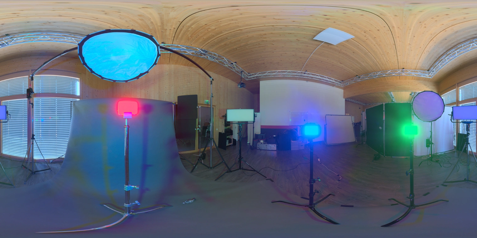 Free 24K unclipped HDRI: wooden studio with black floor and RGB LEDs. High-contrast artificial light and strong speculars, ideal for product/character renders.