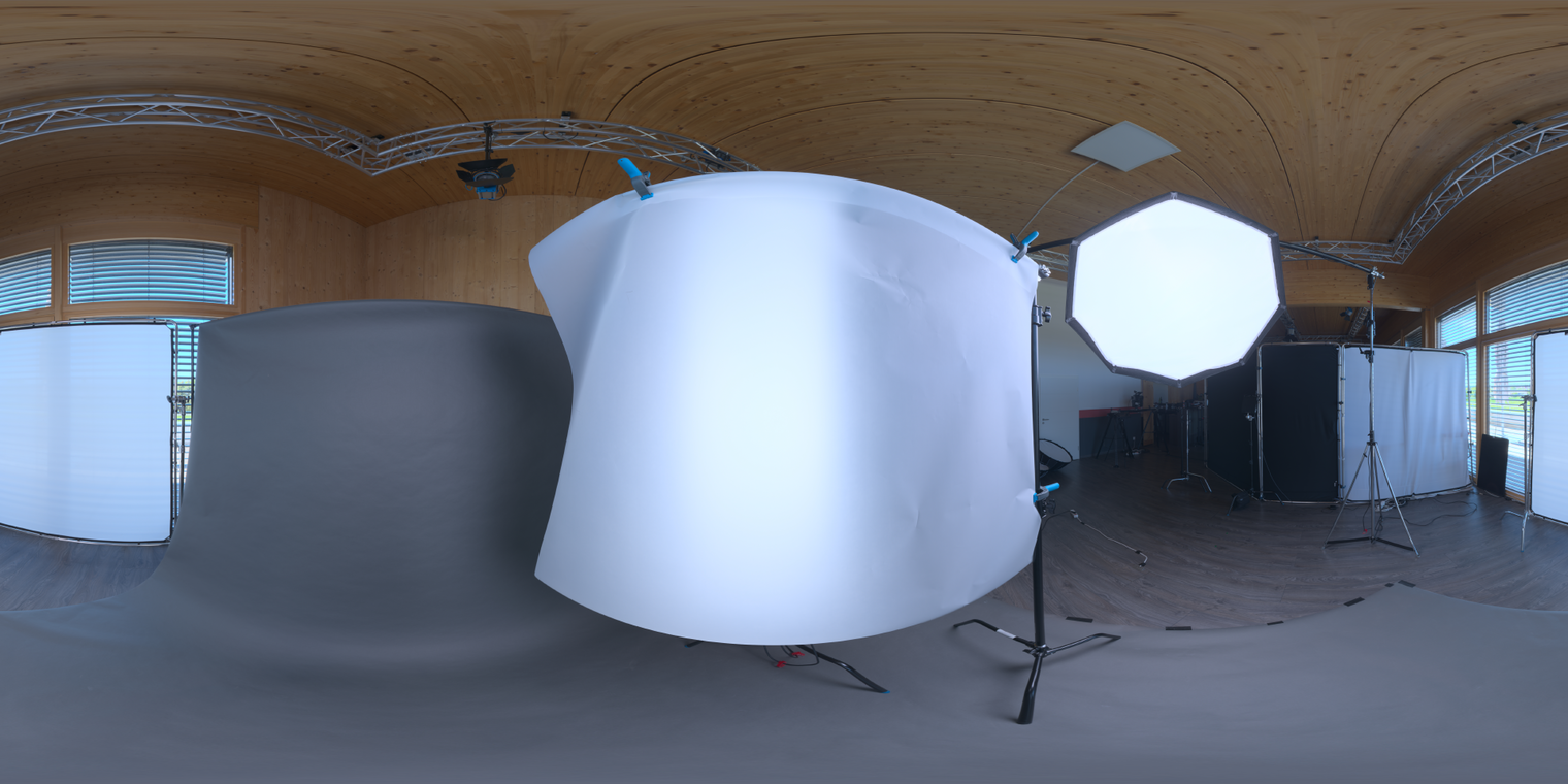 Free, unclipped 24K HDRI - wooden studio with softbox umbrella and warm ceiling; low‑contrast artificial light ideal for product shots, portraits, and lookdev.