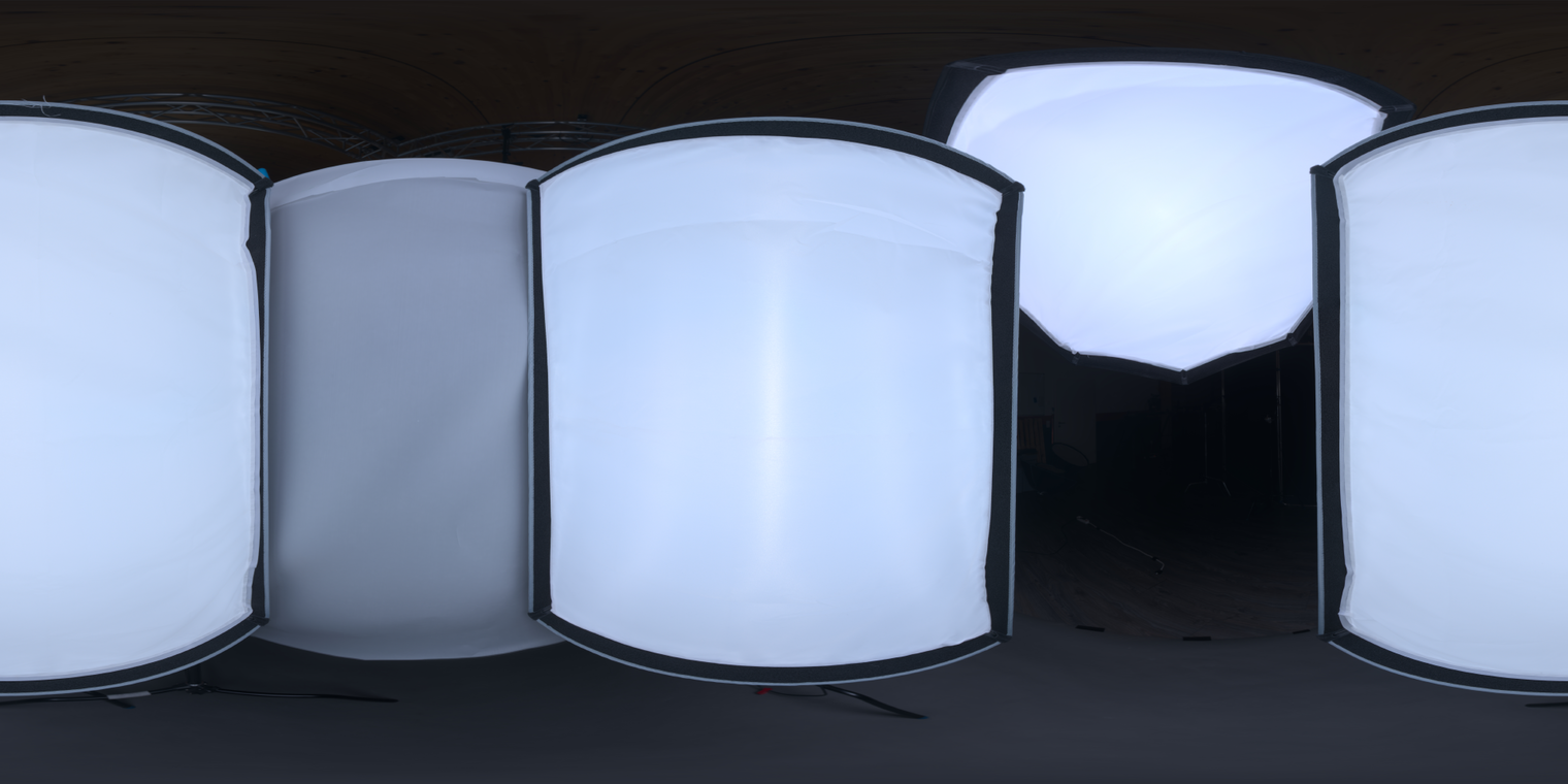 Free 24K HDRI, unclipped. Soft low-contrast studio light from large rectangular softboxes over a dark floor - ideal for portraits, product work and lookdev.