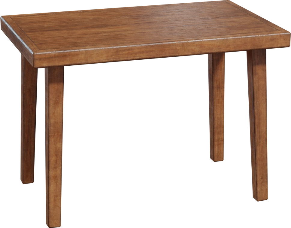 Free 4K model. Simple wooden table with warm brown grain, worn edges, light scuffs and varnished sheen - rectangular top on four straight legs.