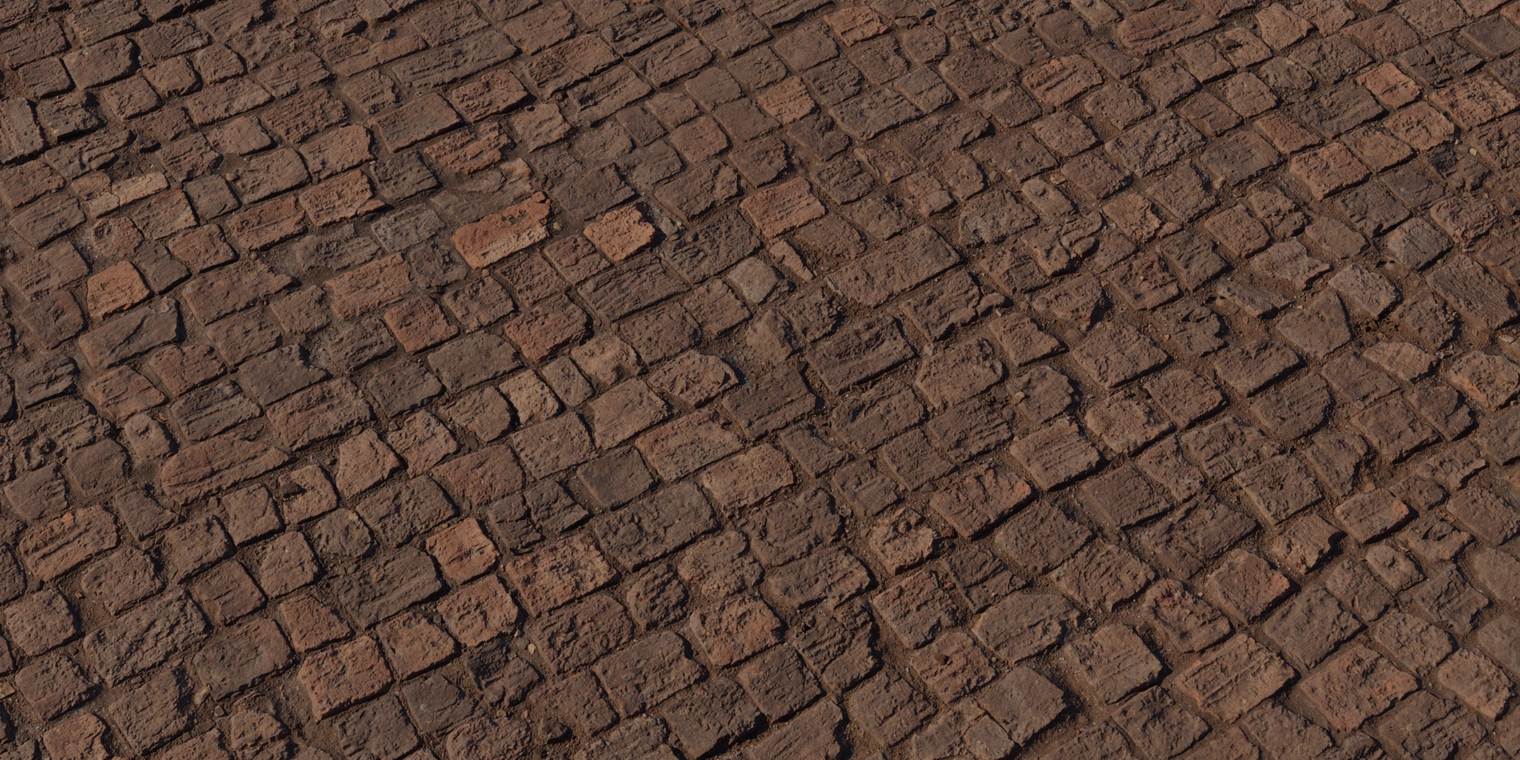 Free 16K worn brick floor texture with weathered, cracked red-brown bricks, uneven crumbling surface, rough mortar joints and dirt-filled crevices.