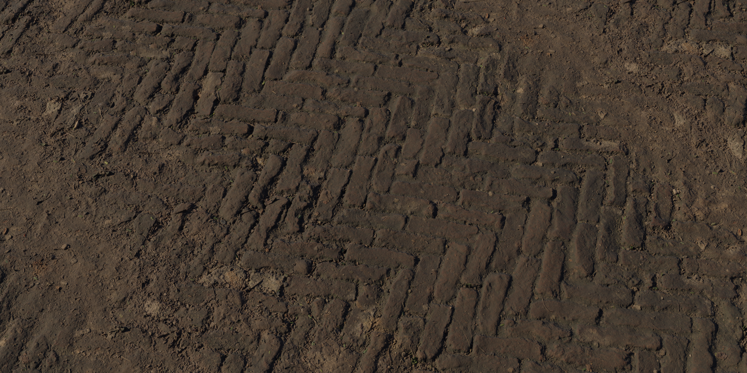 Free 8k texture of worn herringbone brick: rough, uneven, moss-covered mortar, dirt and grime, weathered outdoor flooring with deep chips and soft erosion.