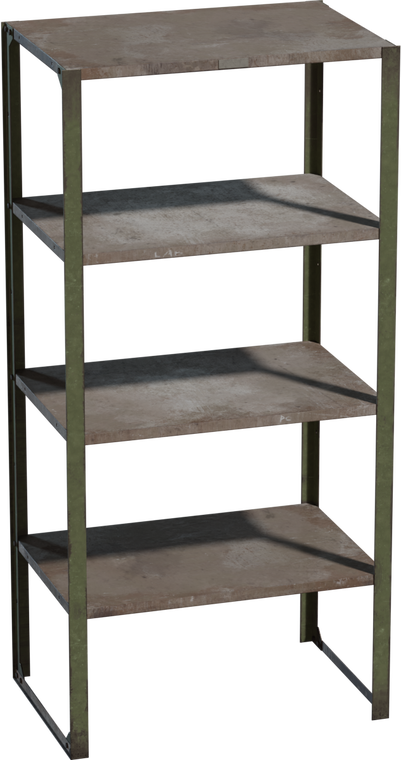 Free 8K model: aged metal rack with green painted frame and four dusty shelves. Realistic rust, chips and dents, with faint labels for a gritty look.