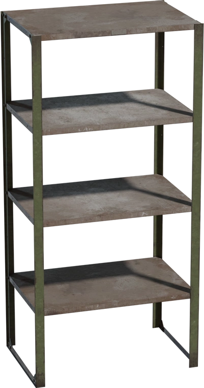 Free 8K model: aged metal rack with green painted frame and four dusty shelves. Realistic rust, chips and dents, with faint labels for a gritty look.