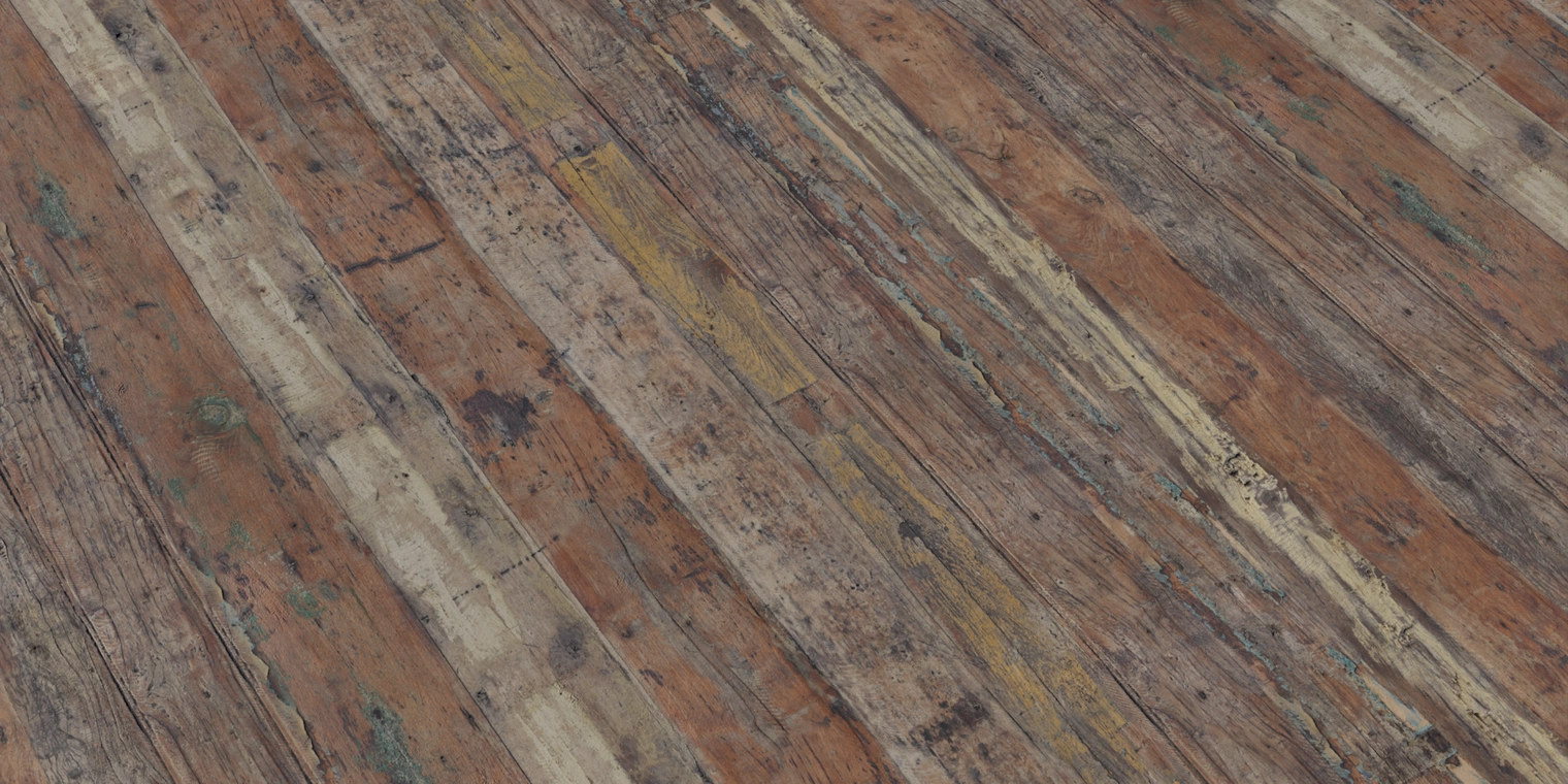 Free 8K texture of worn wooden planks with peeling paint, deep cracks, rough grain and varied faded tones with rustic weathering.