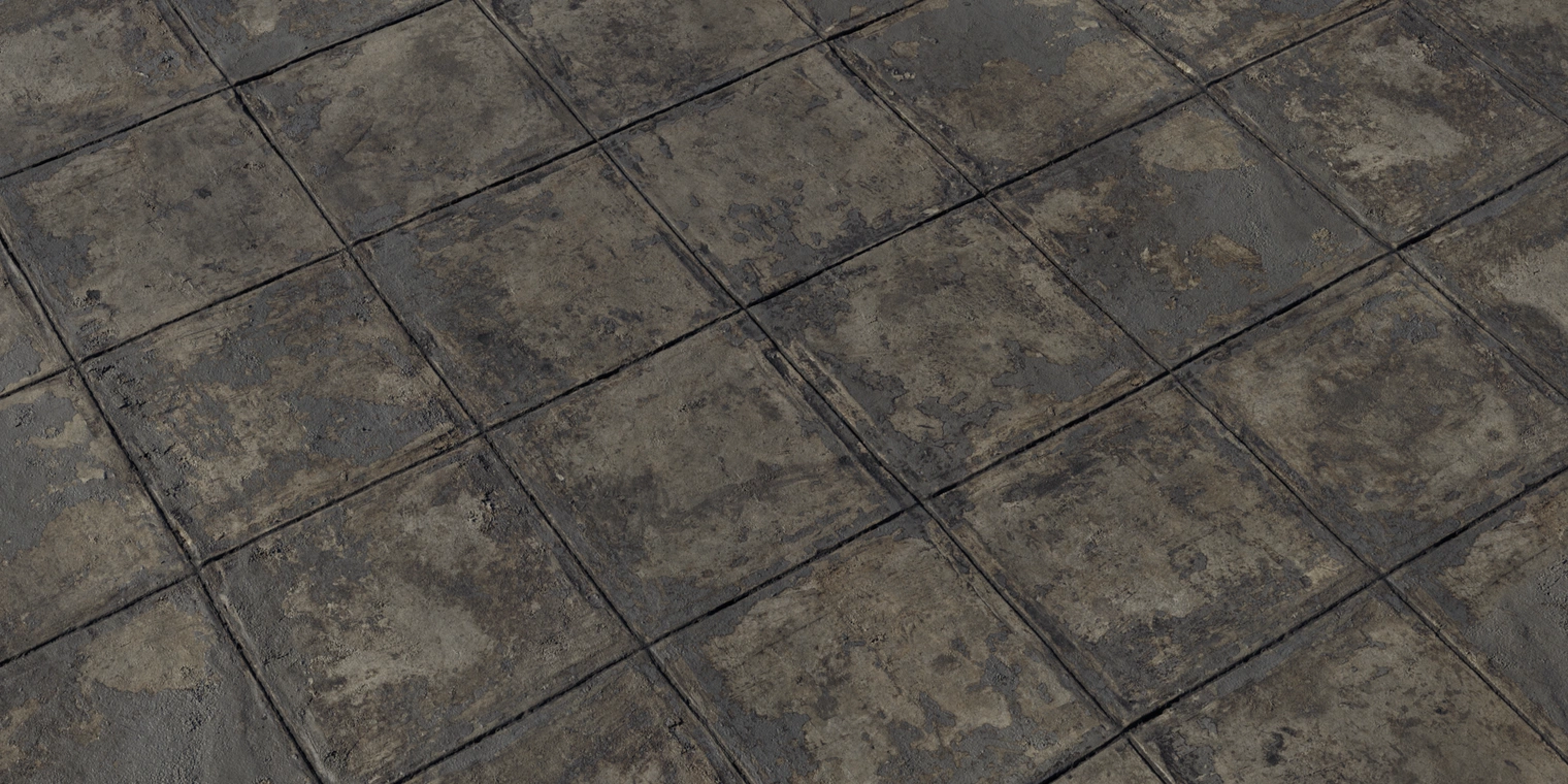 Free 8K texture of worn, weathered ceramic tiles with rough, peeling surfaces, dark discoloration, chipped grout and distressed, uneven sheen.