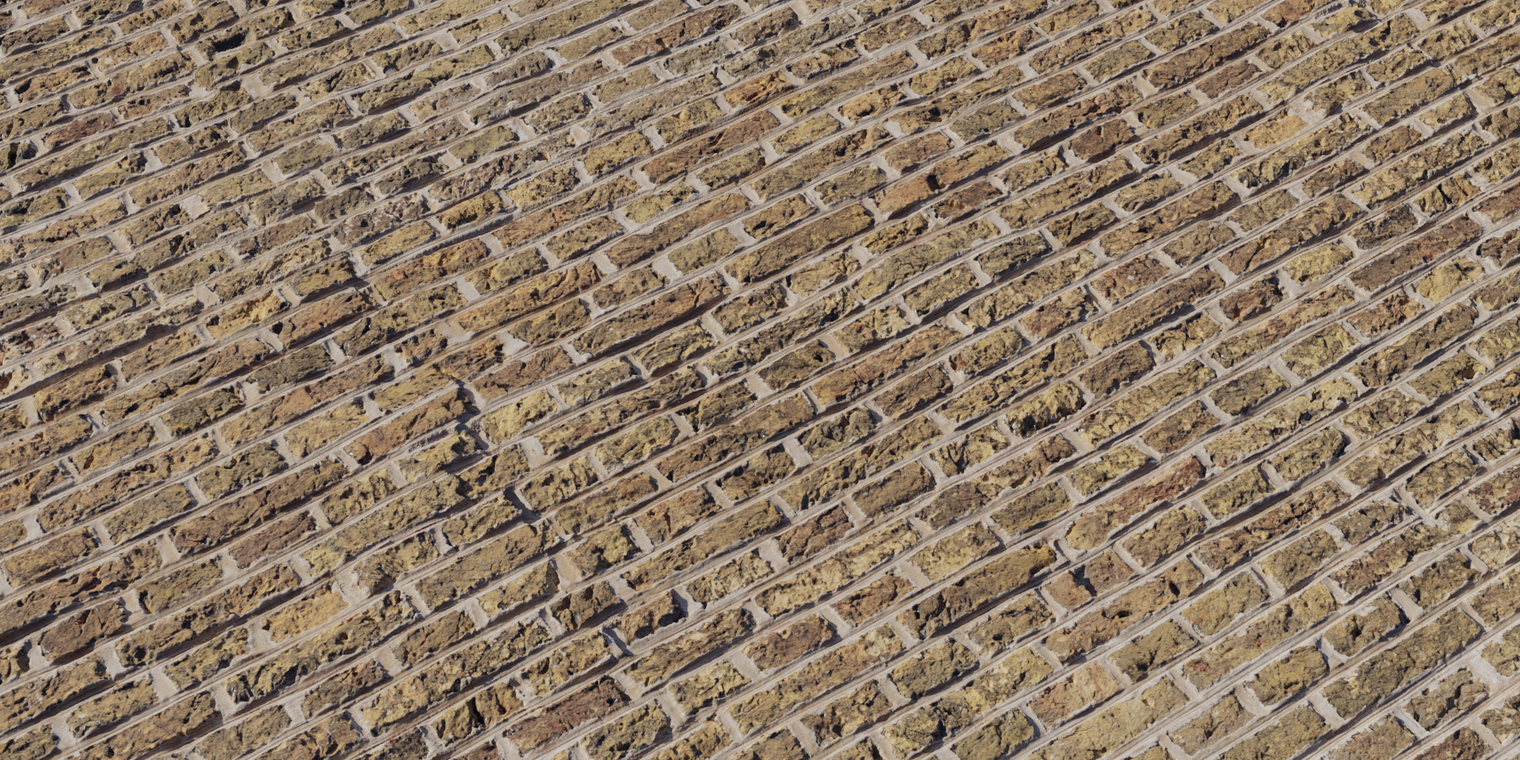 Free 8K texture of yellow brick with rough, chiseled faces and neat mortar lines. Warm, slightly dusty surface, subtle color variation and crisp edges.