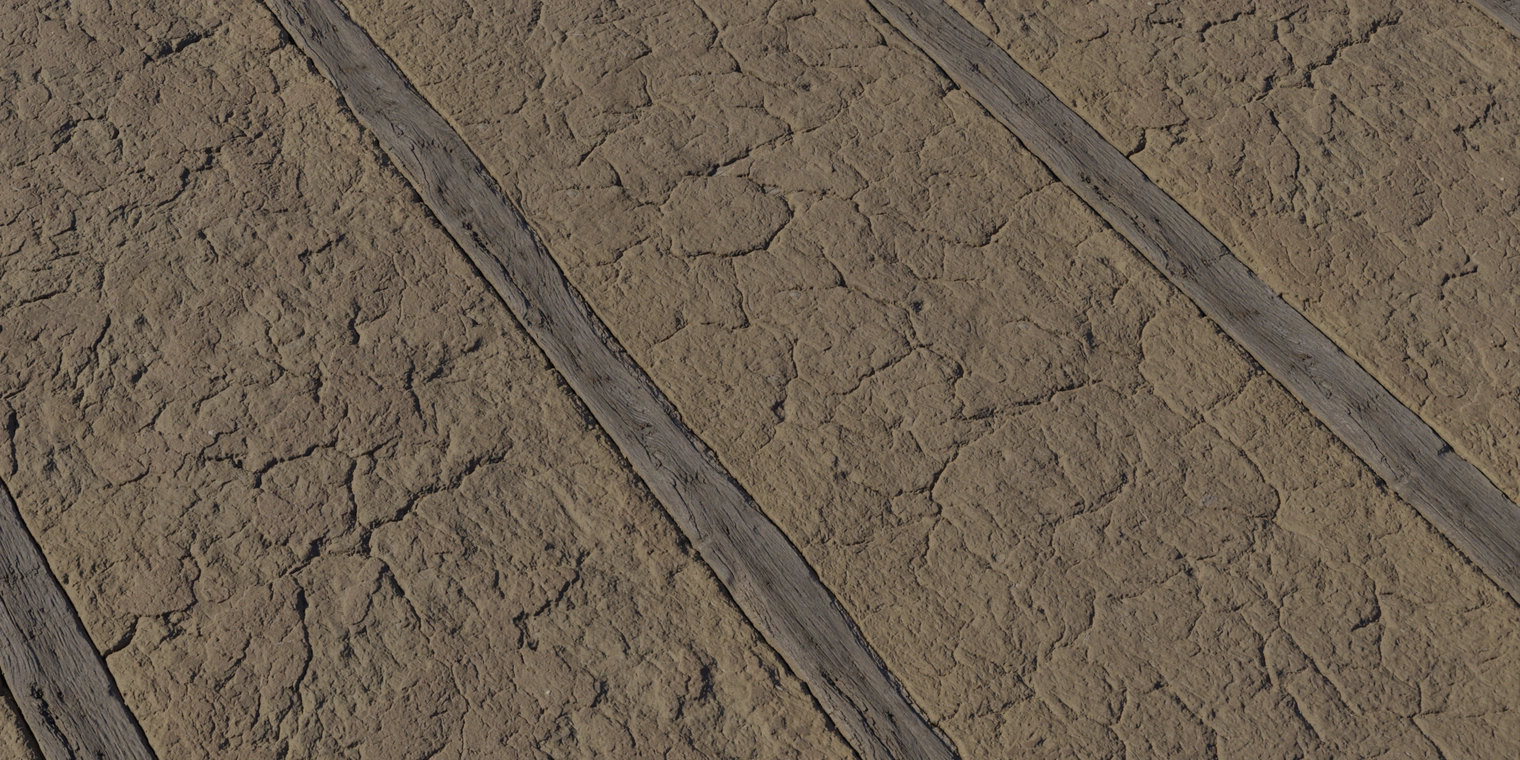 Free 8K texture of weathered yellow plaster over wooden planks with deep cracks, rough uneven mud-like surface and tan-brown tones.